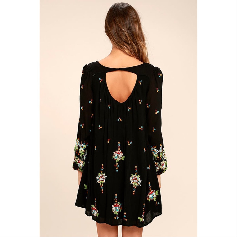 Free People Oxford Black Embroidered Swing Dress Large Boho Festival Coachella - Picture 4 of 15